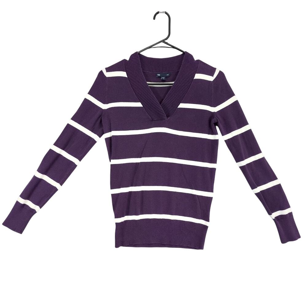 GAP Women's XS Knit‎ Sweater Top, V-Neck Purple Striped, Vtg Y2K Era Preppy